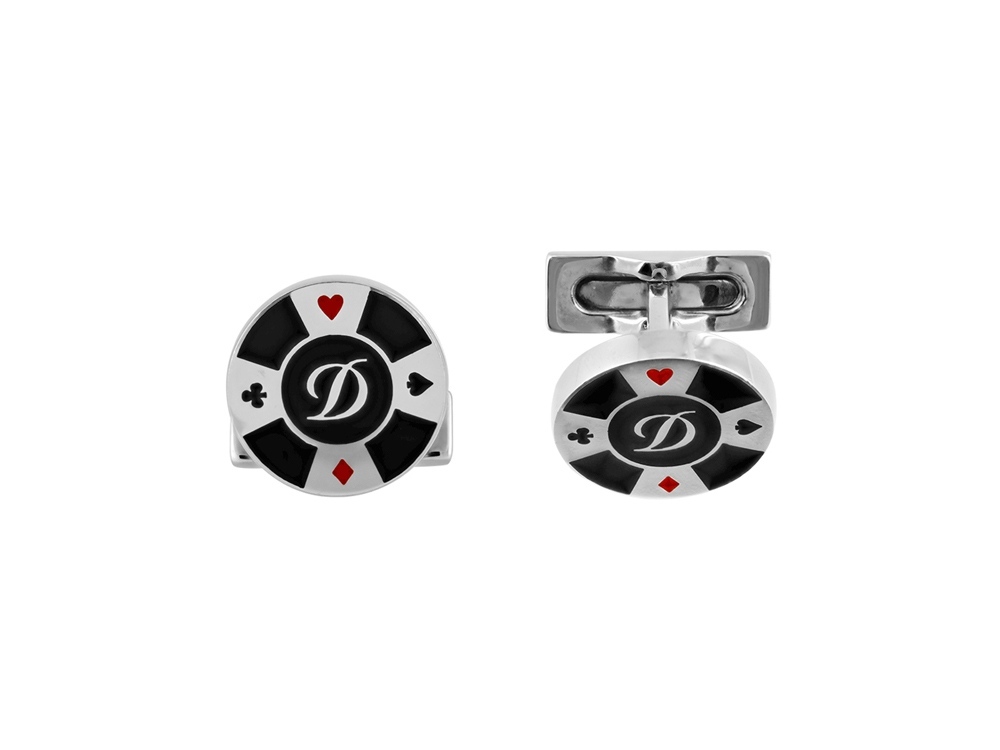 Запонки CASINO, круглые, черный и красный лак, палладиевая отделка, узор: карточные масти, логотип &quot;D&quot;