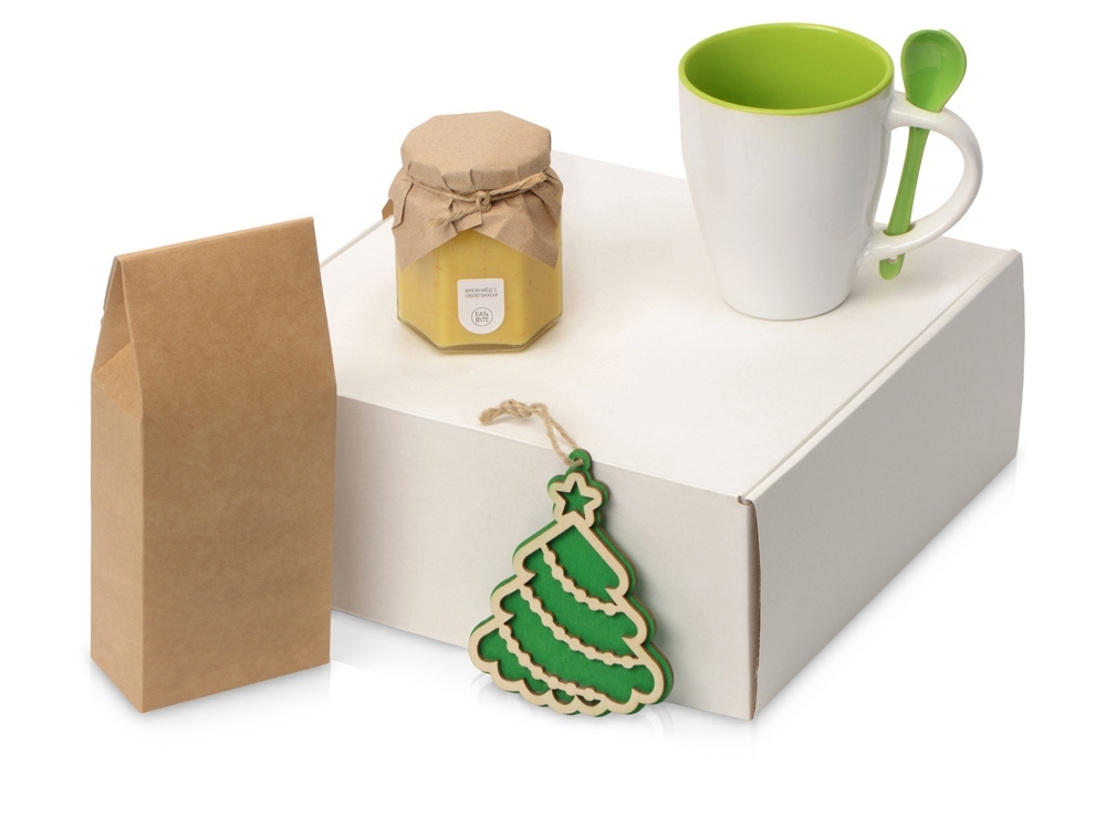 Подарочный набор с чаем, кружкой, медом и новогодней подвеской &quot;Чайная церемония&quot;, зеленое яблоко