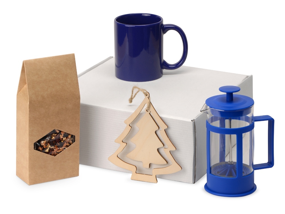 Подарочный набор с чаем, кружкой, френч-прессом и новогодней подвеской &quot;Чаепитие&quot;, синий