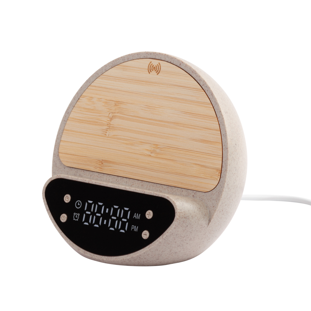 Настольные часы &quot;Smiley&quot; с беспроводным (10W) зарядным устройством и будильником, пшеница/бамбук/пластик