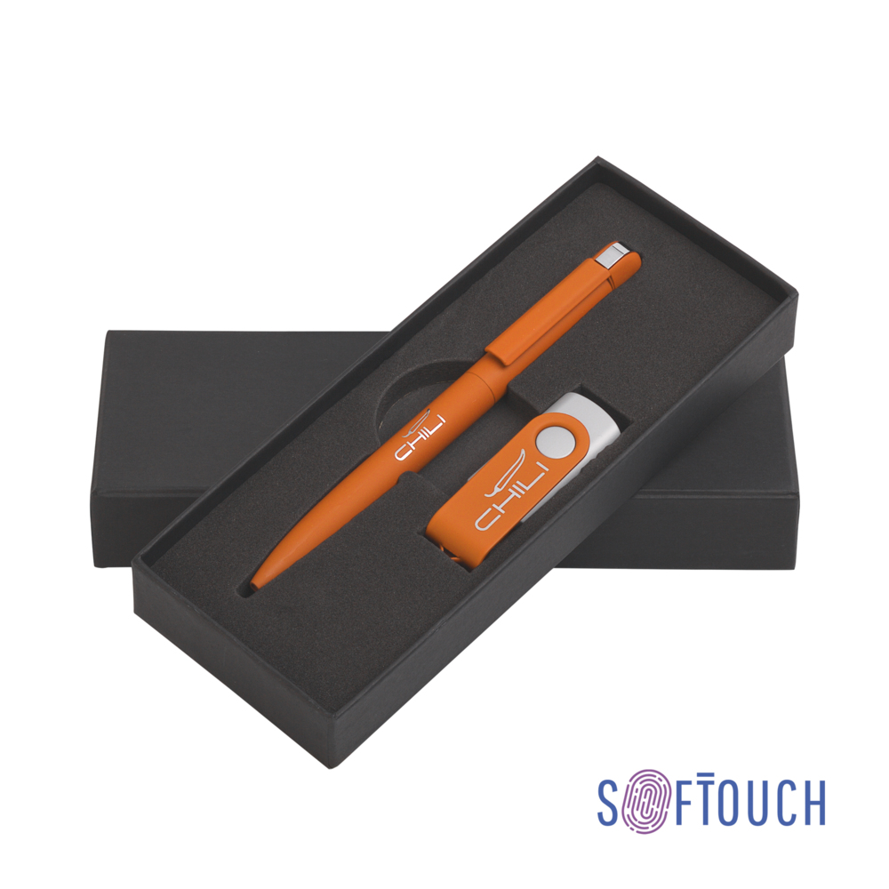 Набор ручка + флеш-карта 8 Гб в футляре, покрытие soft touch оранжевый