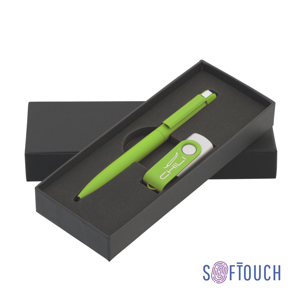 Набор ручка + флеш-карта 16 Гб в футляре, покрытие soft touch зеленое яблоко