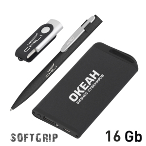Набор ручка + флеш-карта 16Гб + зарядное устройство 4000 mAh в футляре, покрытие softgrip черный с серебристым
