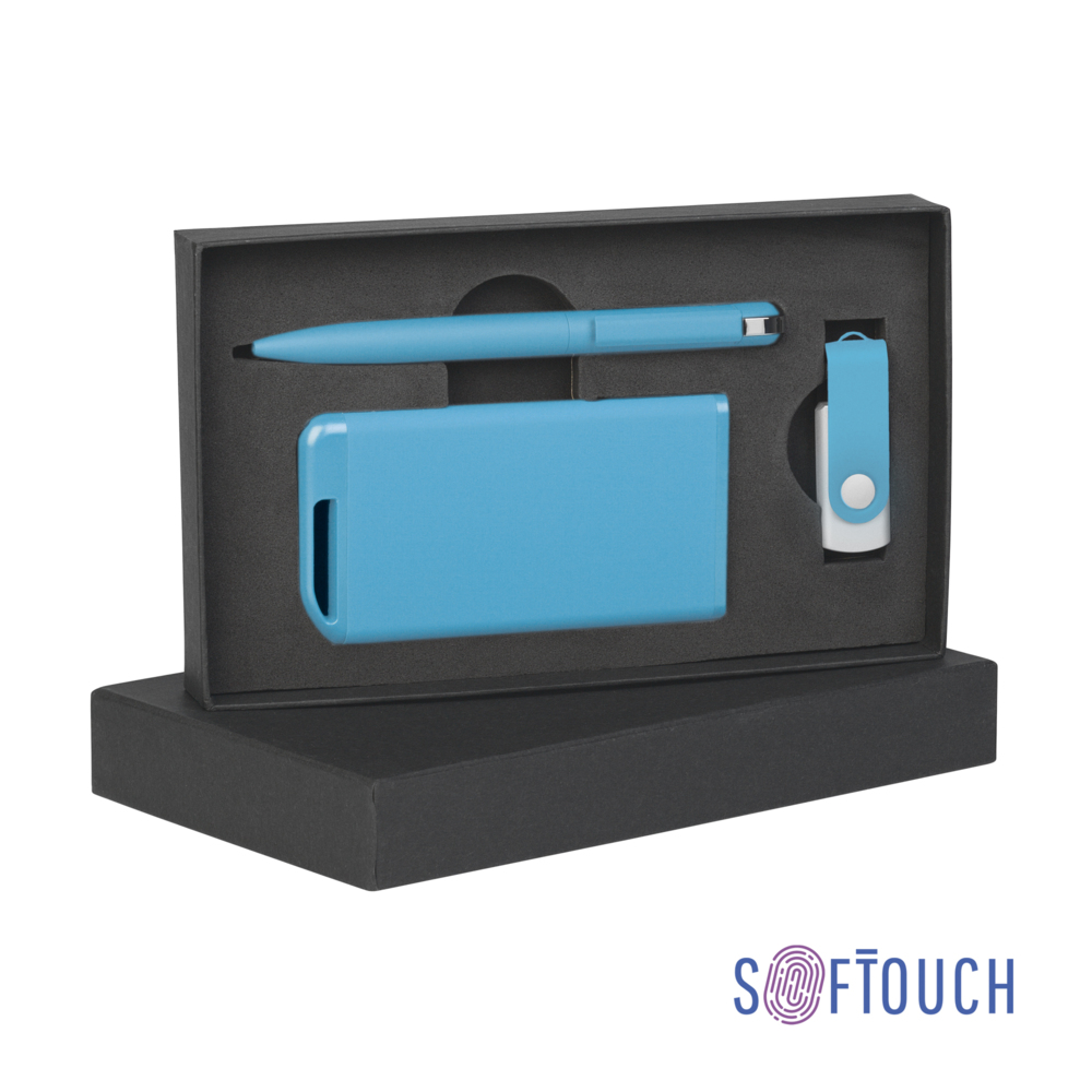 Набор ручка + флеш-карта 16Гб + зарядное устройство 4000 mAh в футляре покрытие soft touch голубой