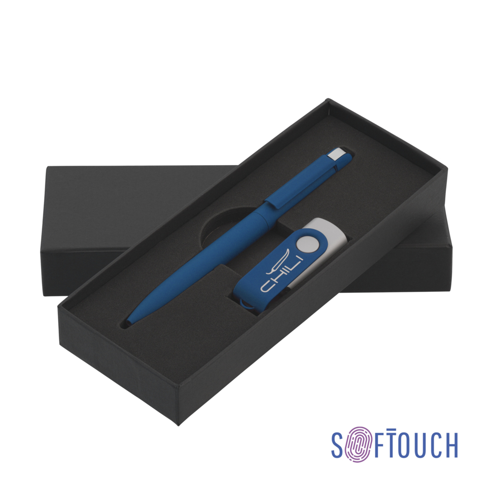 Набор ручка + флеш-карта 16 Гб в футляре, покрытие soft touch темно-синий
