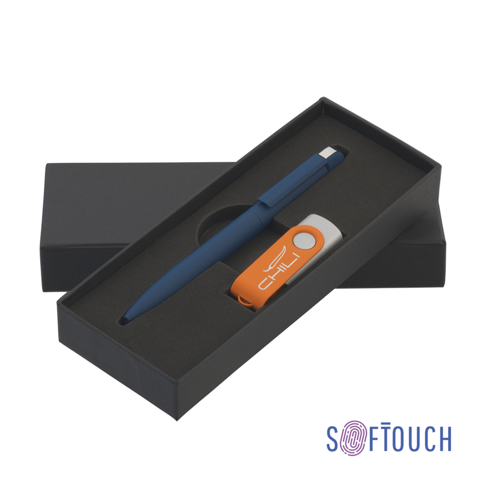Набор ручка + флеш-карта 8 Гб в футляре, покрытие soft touch темно-синий с оранжевым