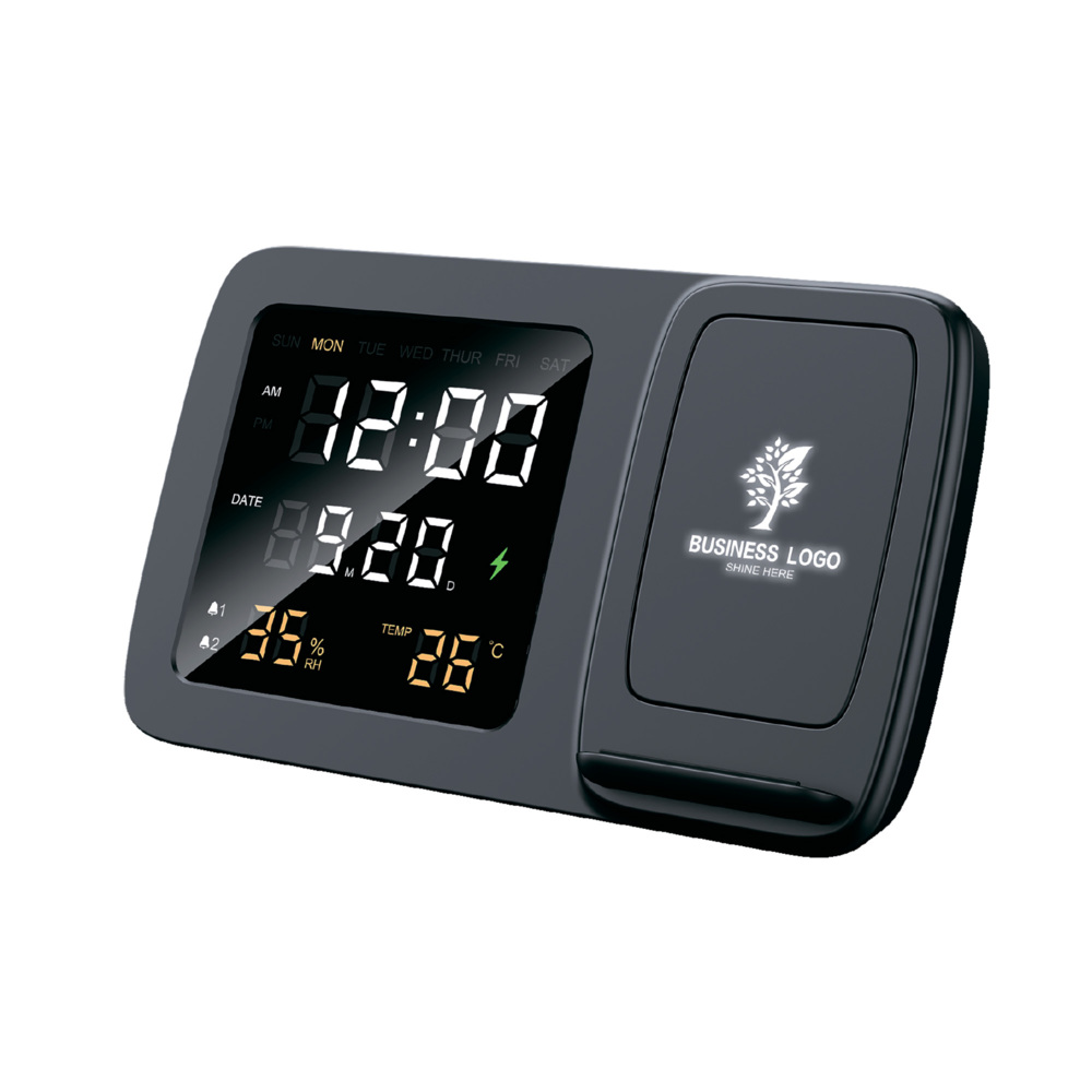 Настольные часы &quot;Smart Screen&quot; с беспроводным (15W) зарядным устройством, гигрометром, термометром, календарём, с подсветкой логотипа