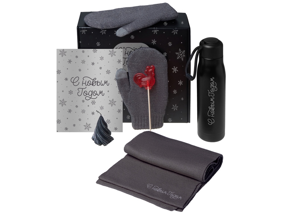 Подарочный набор с варежками, шарфом и термосом, серый