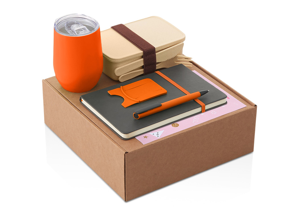 Набор с термокружкой, блокнотом, ручкой и ланчбоксом "Refreshment", оранжевый