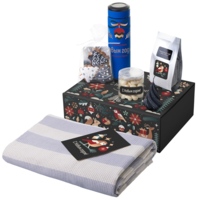 Подарочный набор c пледом, термосом, свечой и миндалем, синий