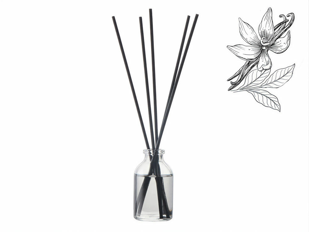 Диффузор с ароматом "Табак и ваниль", 30мл, стекло, пробка, палочки 5 шт., мешочек из органзы черный