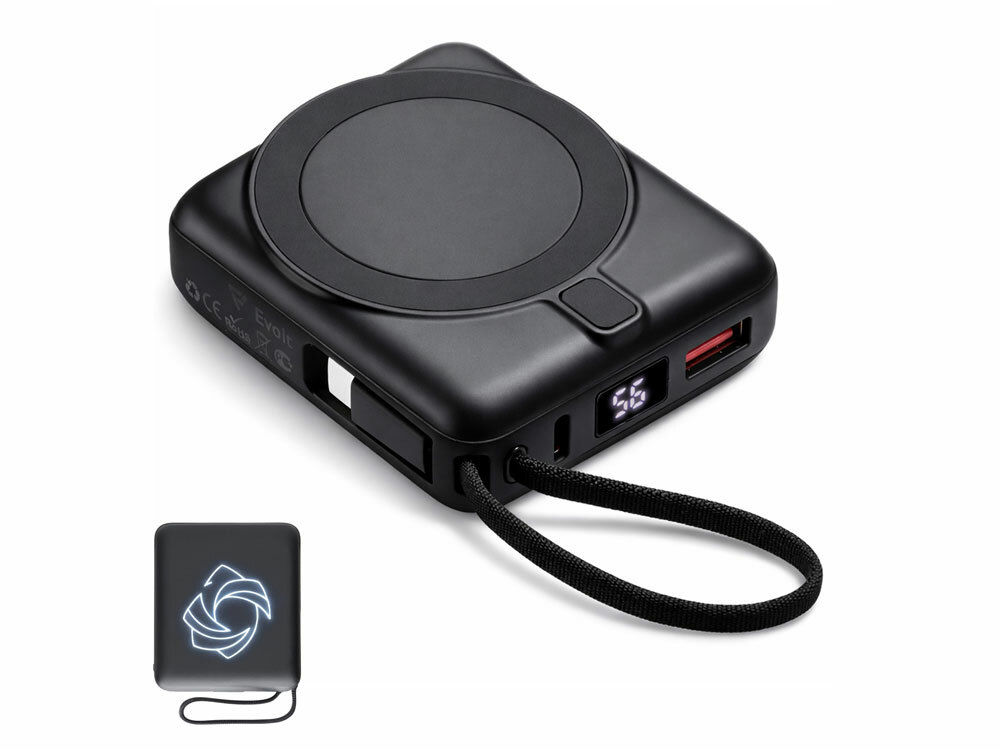 Магнитный беспроводной внешний аккумулятор c подсветкой лого «Энчант», 10000 мАч, черный