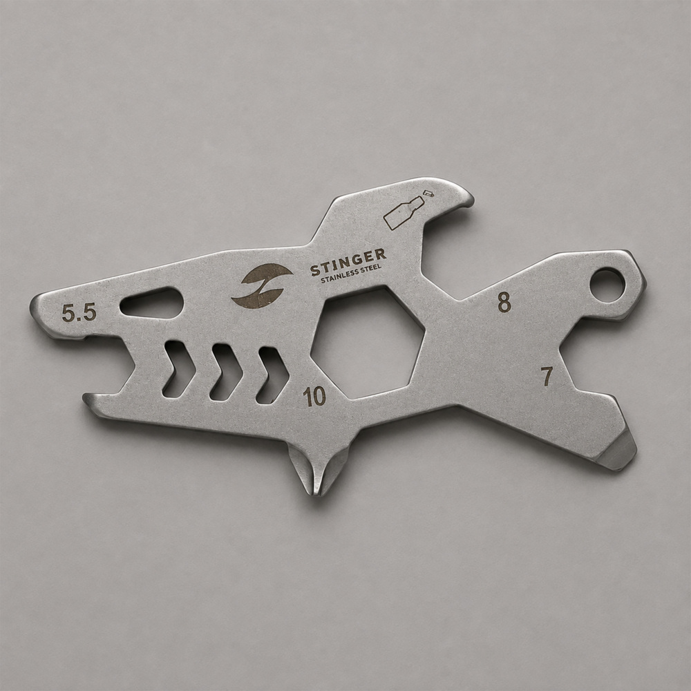 Мини-мультитул карманный Stinger, 60 x 31 мм, 5 функций, акула, нержавеющая сталь, серебристый, в блистере