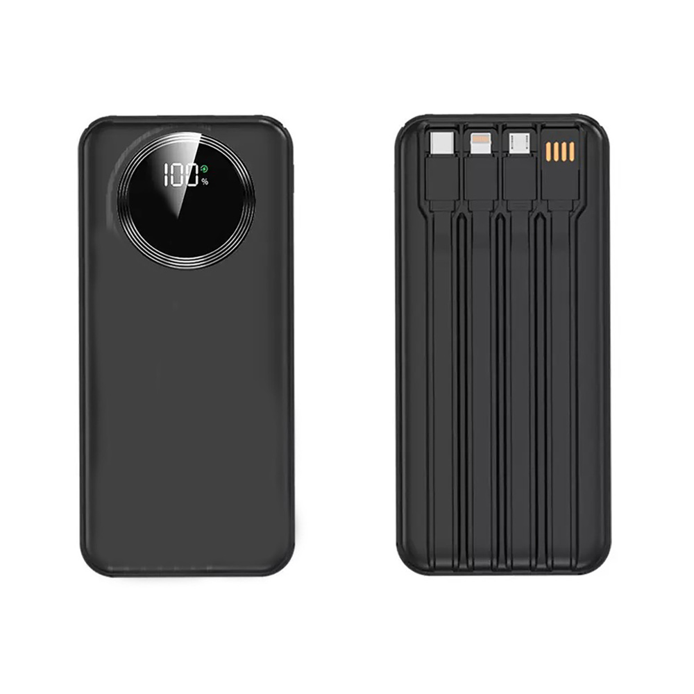 Зарядное устройство "Phantom" 10000 mAh с 4мя встроенными кабелями и цифровым индикатором заряда черный